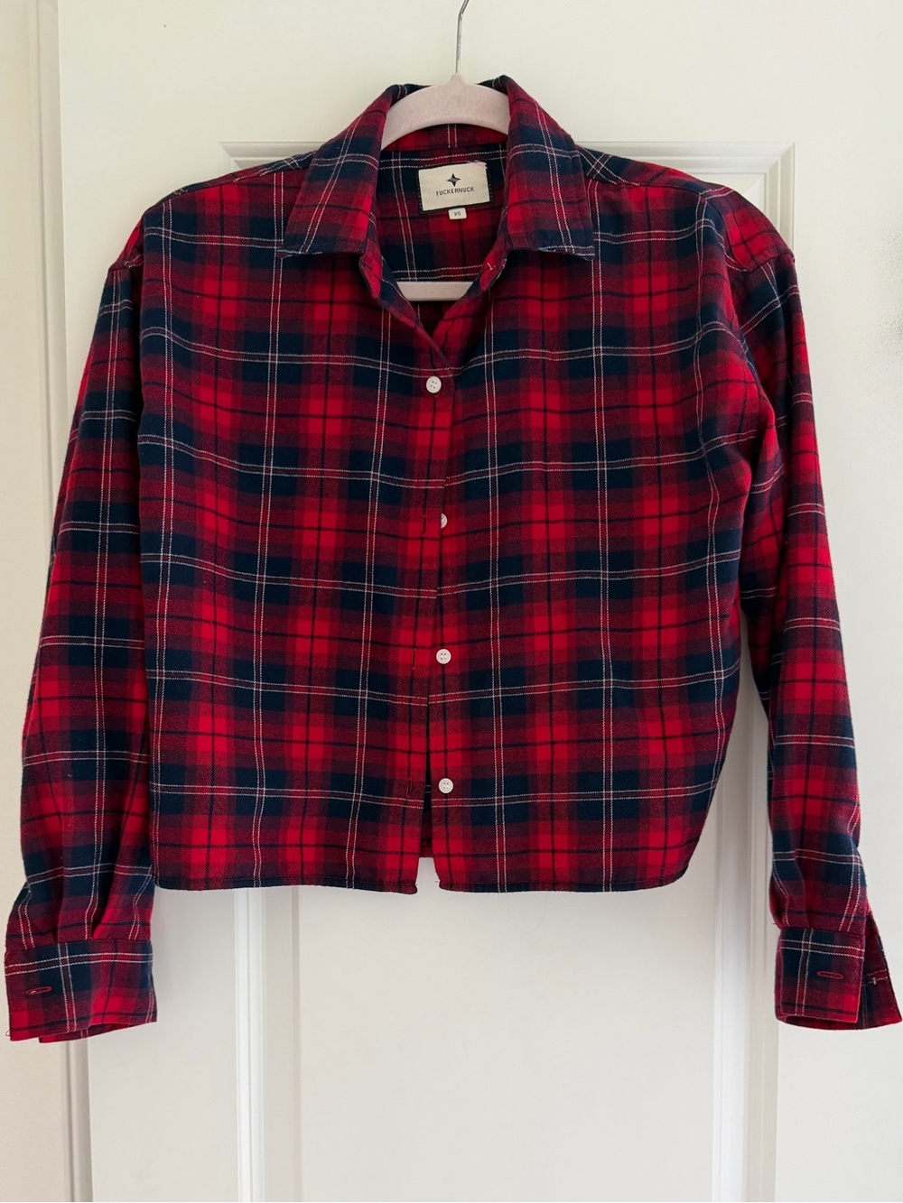 Tuckernuck Red & Navy Cropped Plaid Flannel Button-Down Shirt XS